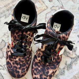 DV by Dolce Vita Women's Leopard Print Sneakers with Charm Satin Black Laces.
